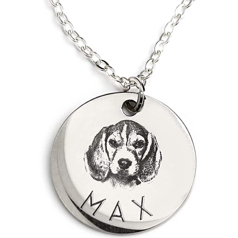 Silver necklace with a pendant featuring a dog portrait and the name "MAX"
