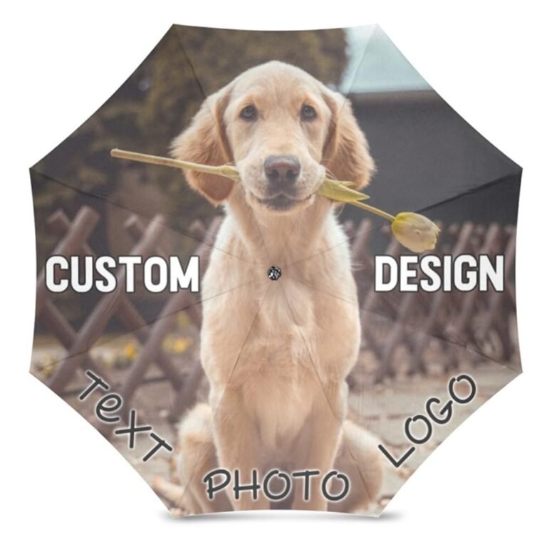Umbrella with a dog holding a flower, with custom text and design options