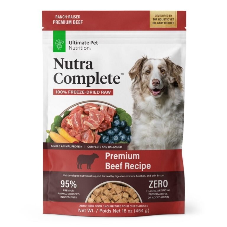 Dog food bag with a dog, beef, and blueberries, labeled "Nutra Complete."