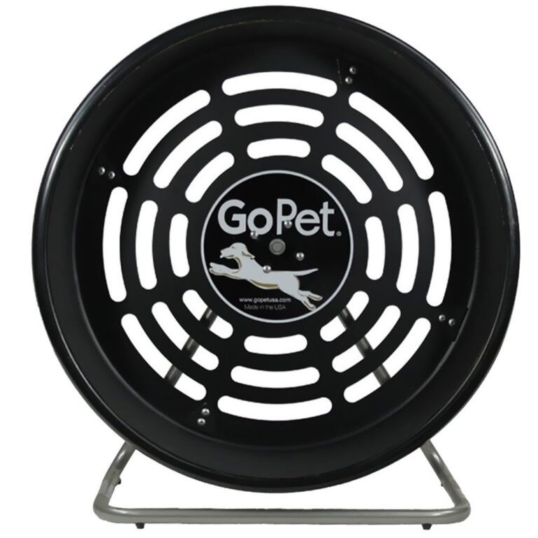 Black GoPet dog exercise wheel with white cutouts and logo