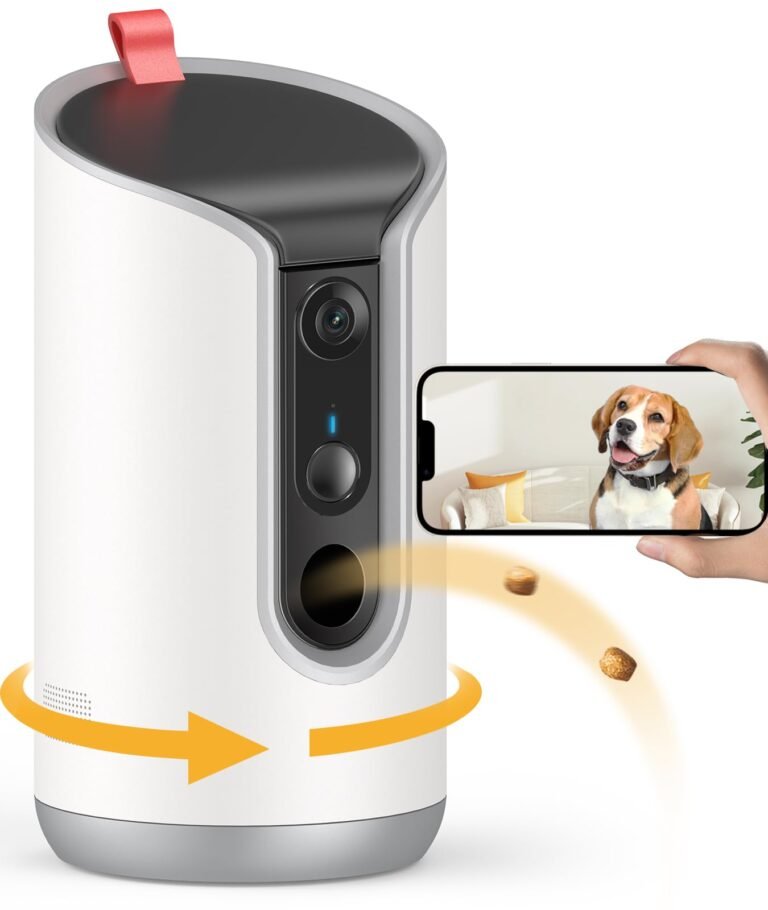 Dog treat dispenser with camera and smartphone showing a dog