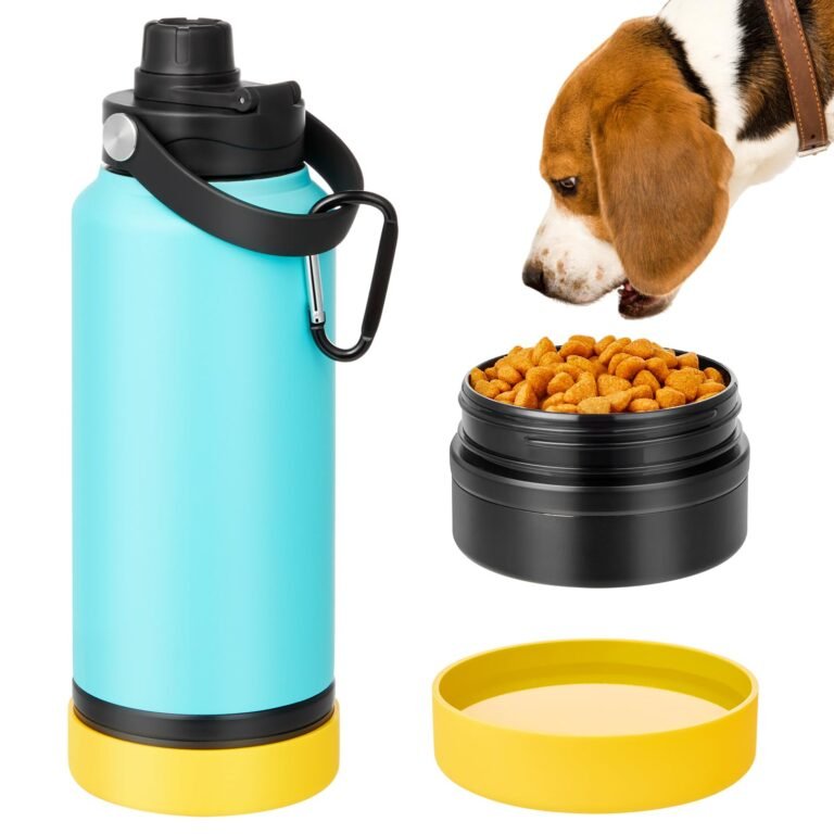 Dog food container, water bottle, and dog with food bowl