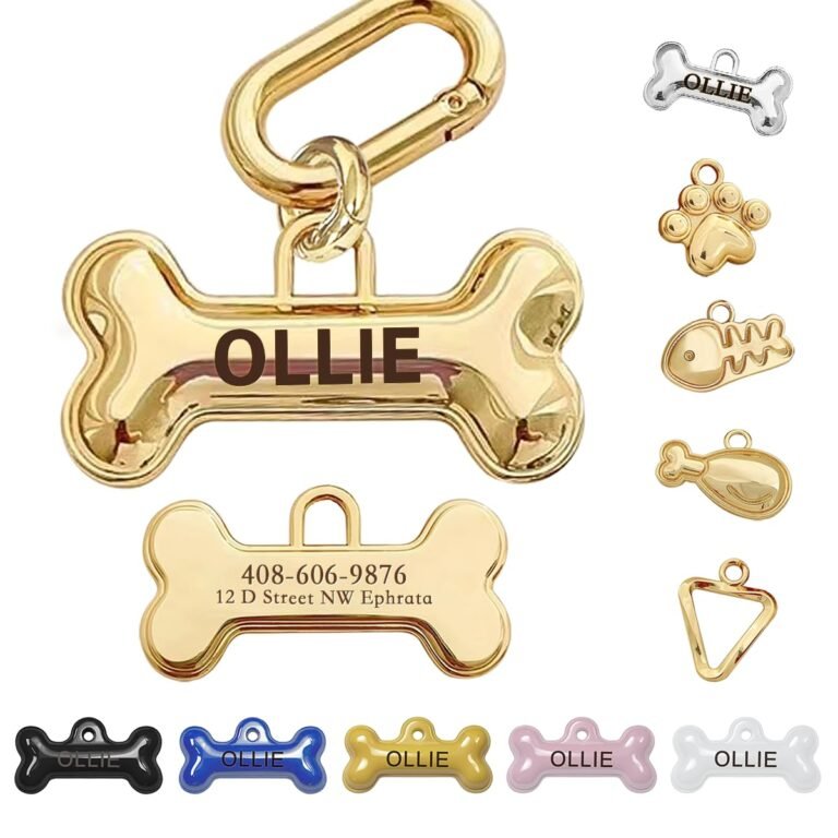 Gold dog tag with "Ollie" and other bone-shaped tags in various colors