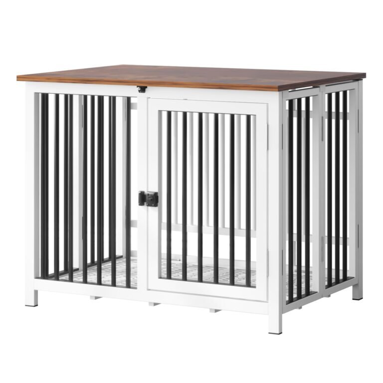 White dog crate with black bars and a brown wooden top