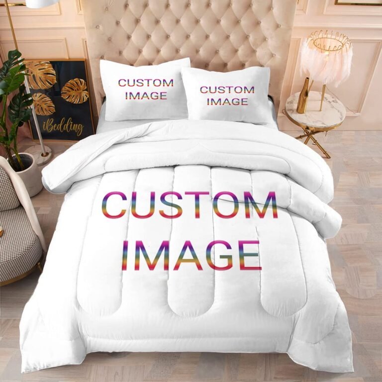 White bedding set with "CUSTOM IMAGE" text on pillows and comforter