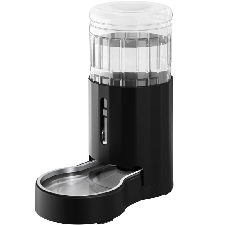Black and clear automatic pet feeder with a stainless steel food bowl
