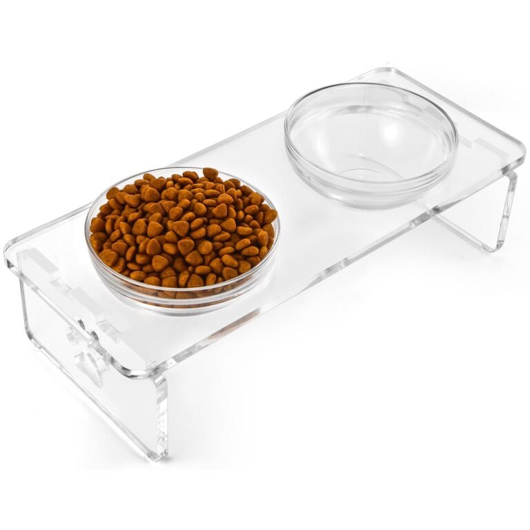 Clear acrylic pet feeder with two bowls, one filled with kibble