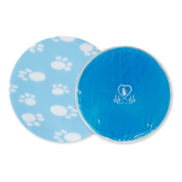 Blue pet cooling pad with paw print cover, gel pack