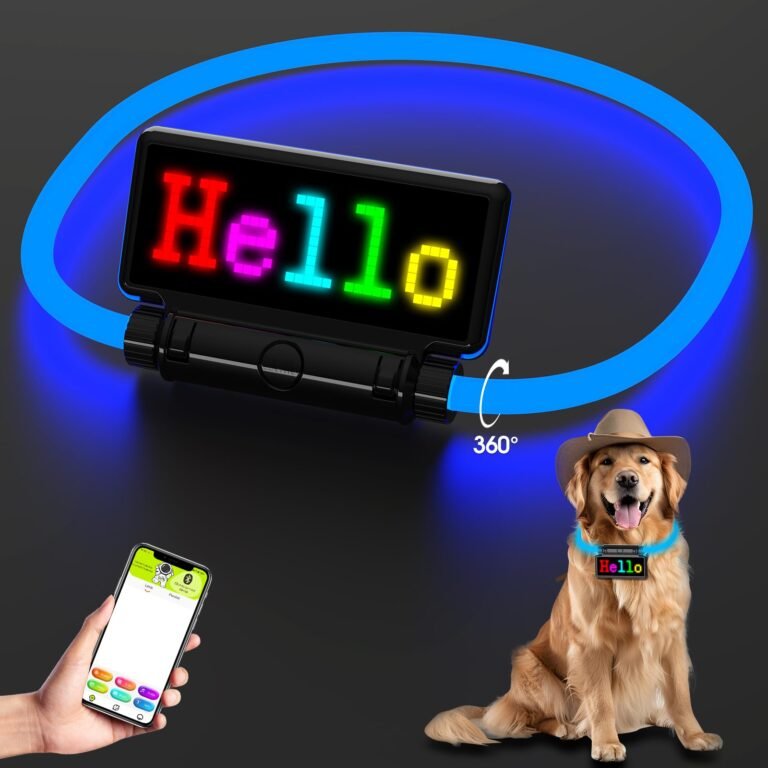 Dog wearing a "Hello" LED collar, controlled by a smartphone app