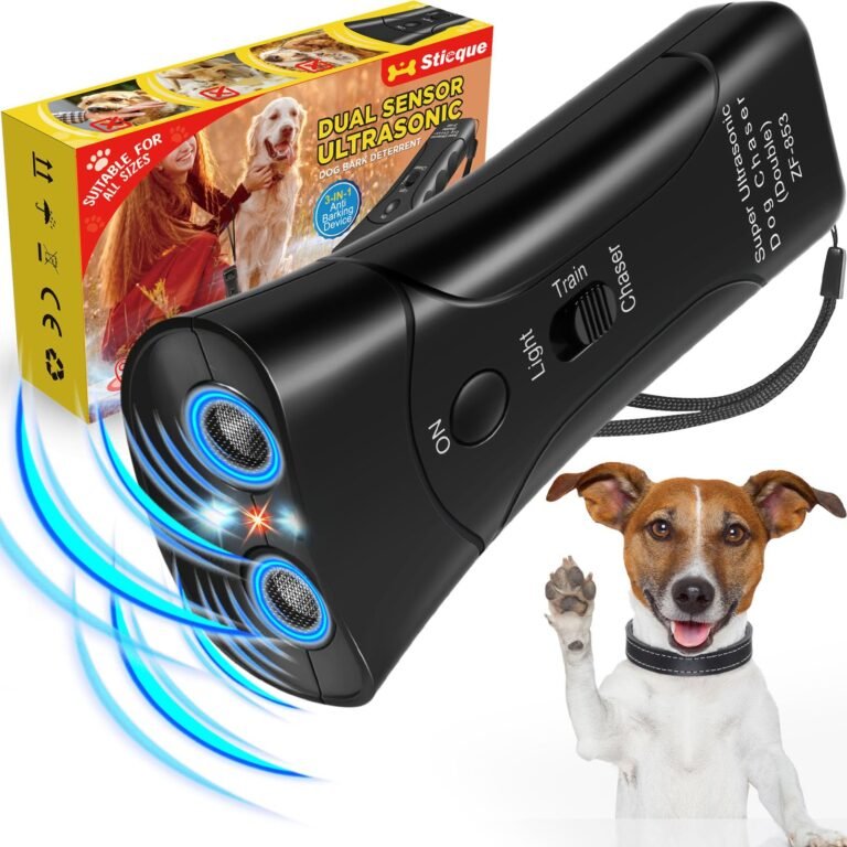 Dog bark deterrent device with a dog, box, and blue ultrasonic waves