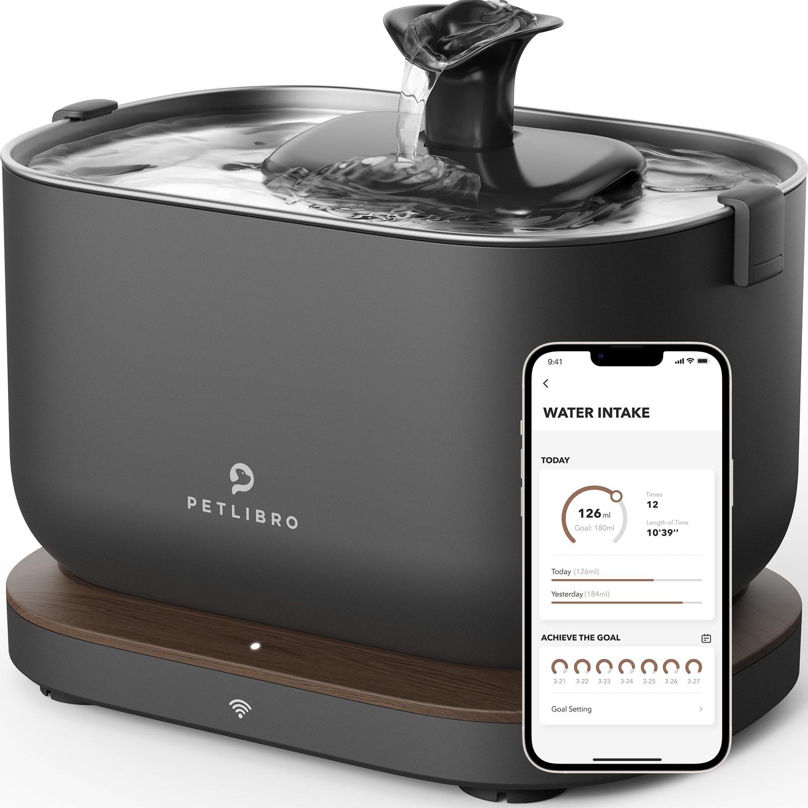 Pet water fountain with phone showing water intake data and goal tracking