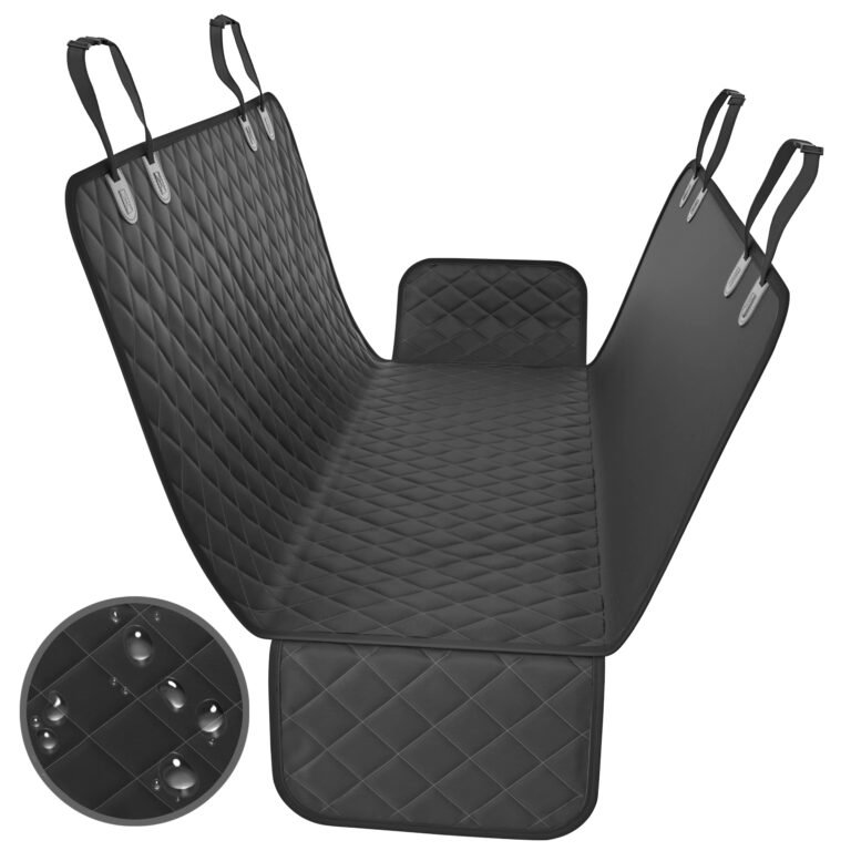 Black quilted car seat cover with headrest and water droplets detail
