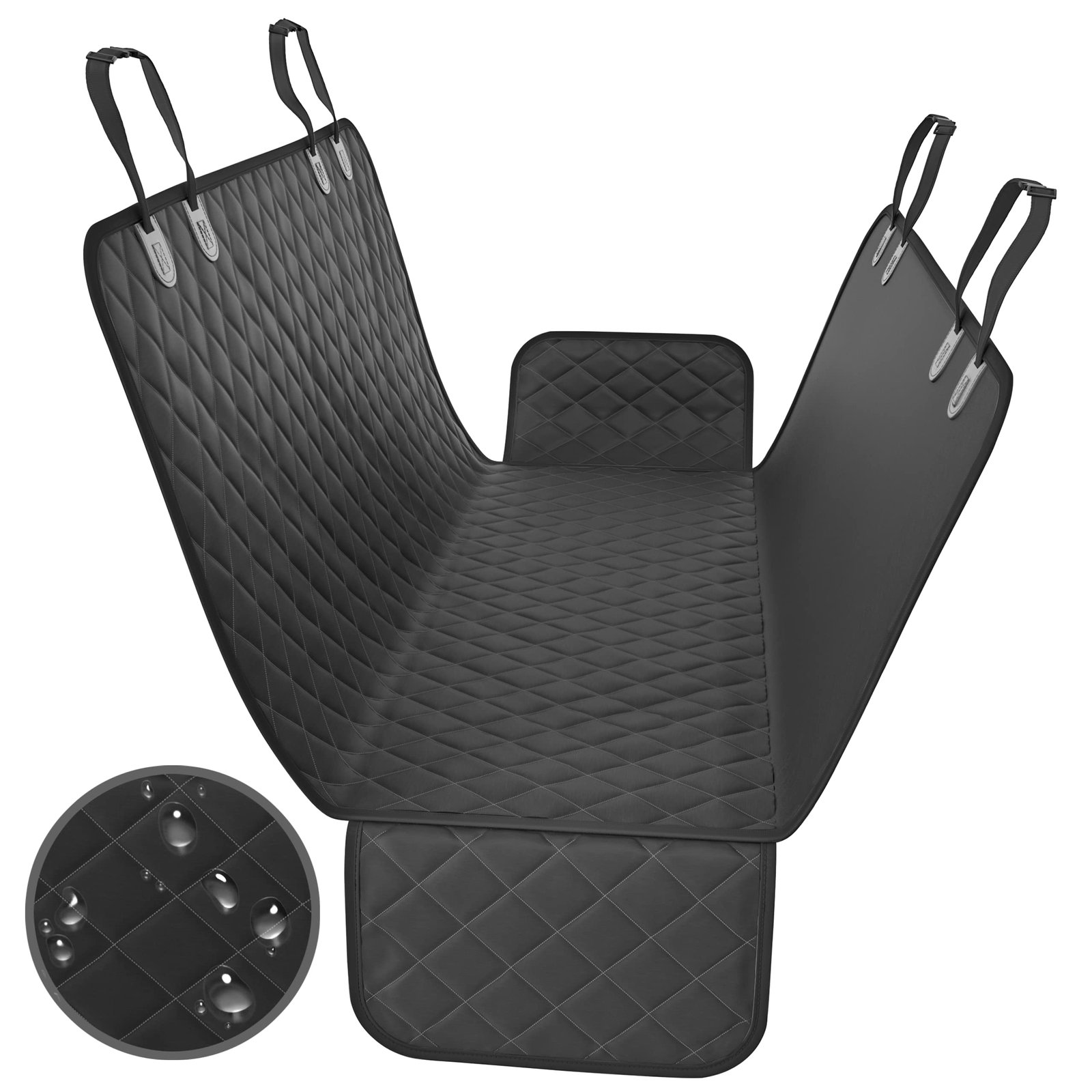 Black quilted car seat cover with headrest and water droplets detail