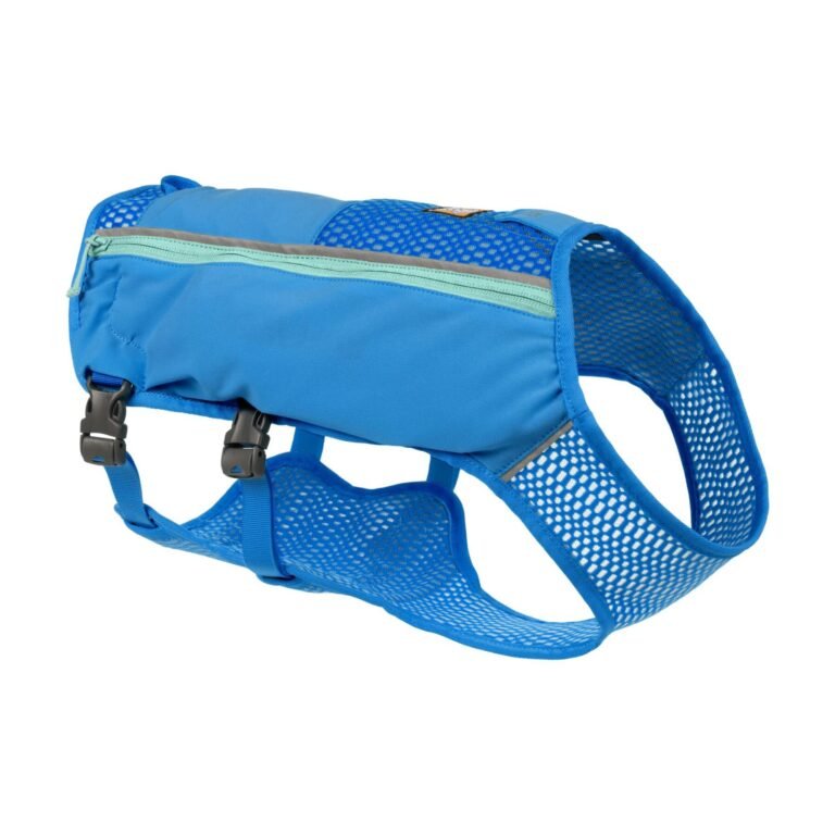 Blue dog harness with mesh sides, zipper pocket, and adjustable straps