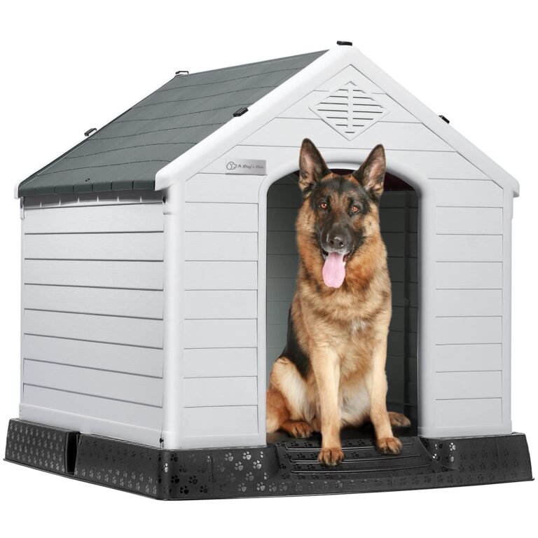 German Shepherd dog sitting in a plastic dog house with paw print base