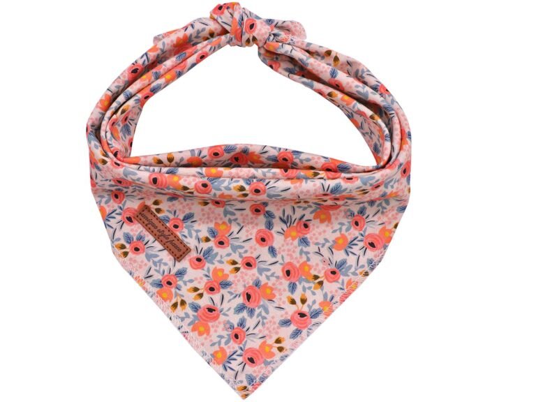 Floral dog bandana with pink, orange, and blue flowers, tied at the top