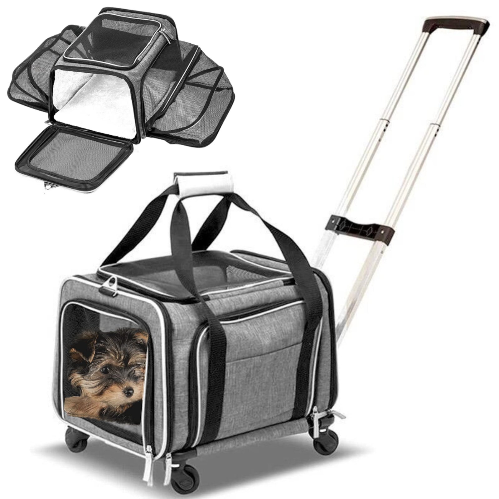 Gray pet carrier with a puppy inside, and a retractable handle
