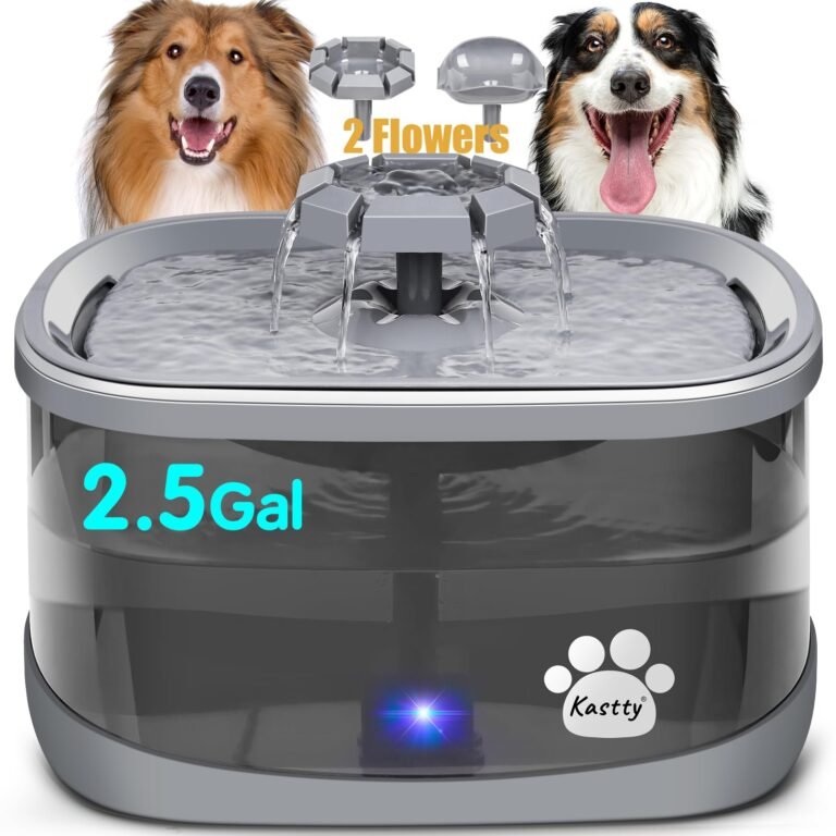 Dog water fountain with two dogs, 2.5 gallon capacity, and flower design