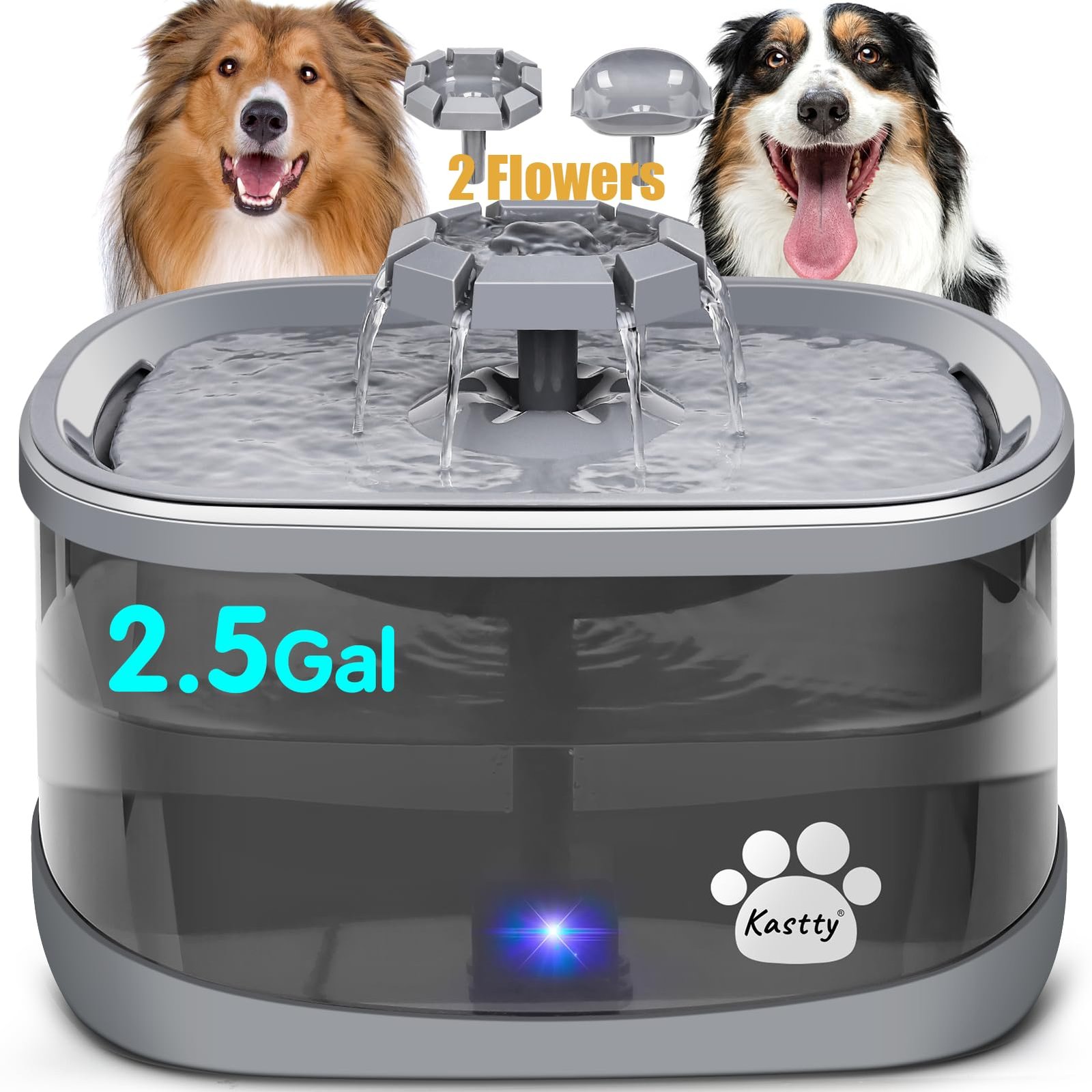 Dog water fountain with two dogs, 2.5 gallon capacity, and flower design