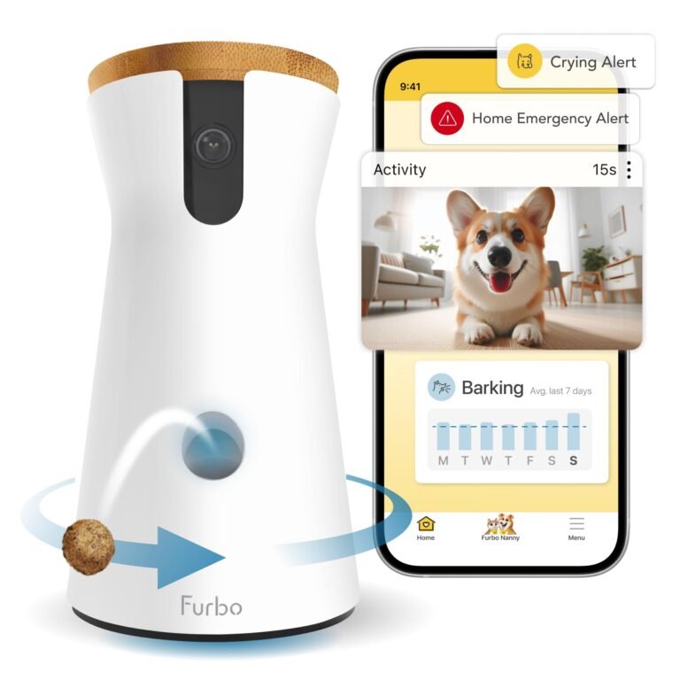 Furbo dog camera with alerts on phone, showing a happy corgi