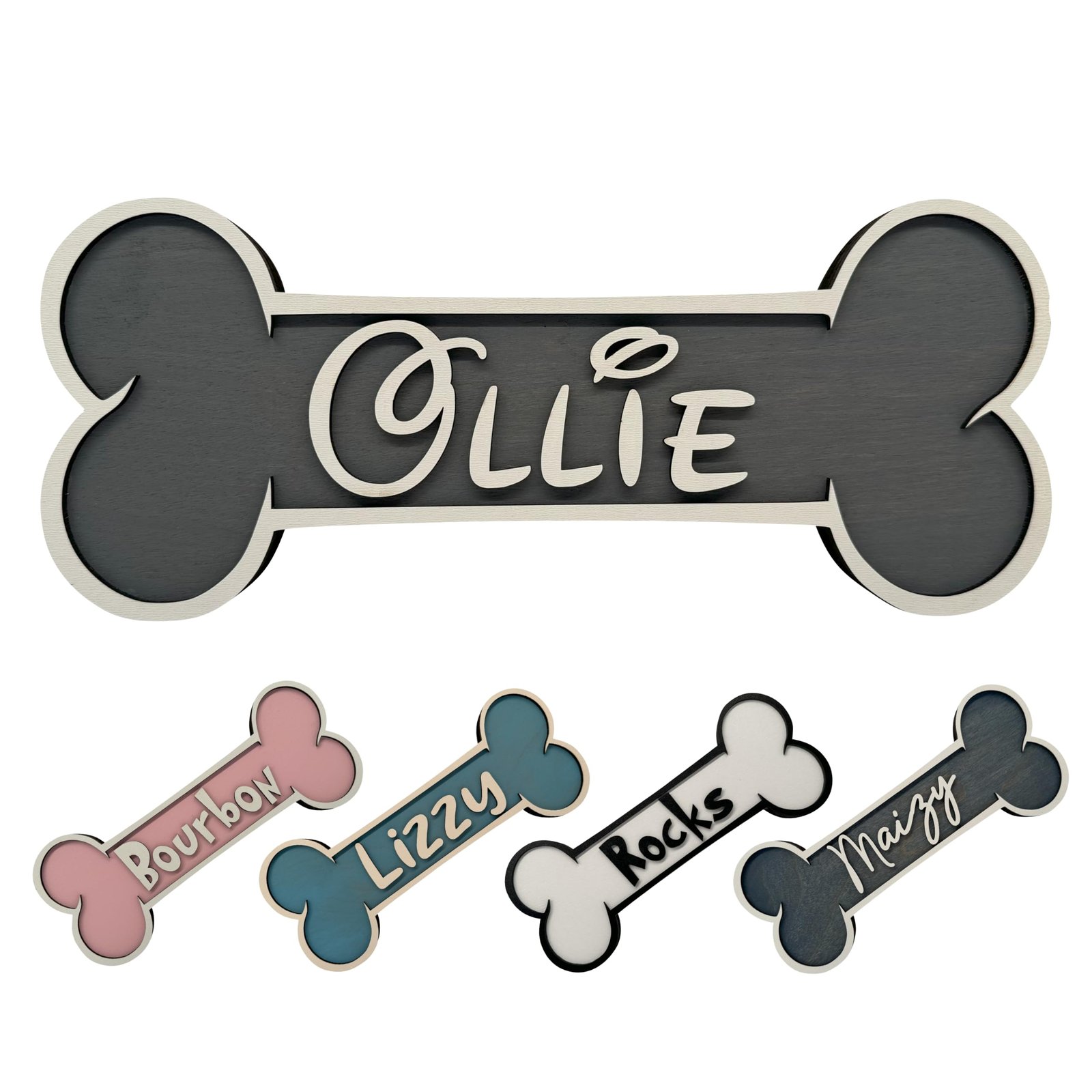Dog bone-shaped name signs with names "Ollie", "Bourbon", "Lizzy", "Rocks", and "Maizy"