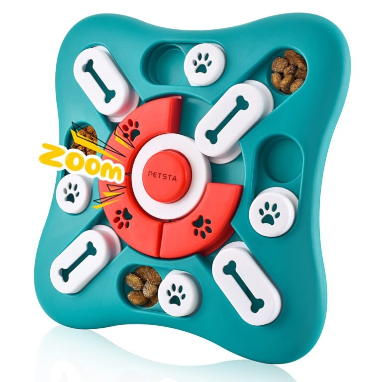 Dog puzzle toy with bones, paw prints, and food compartments