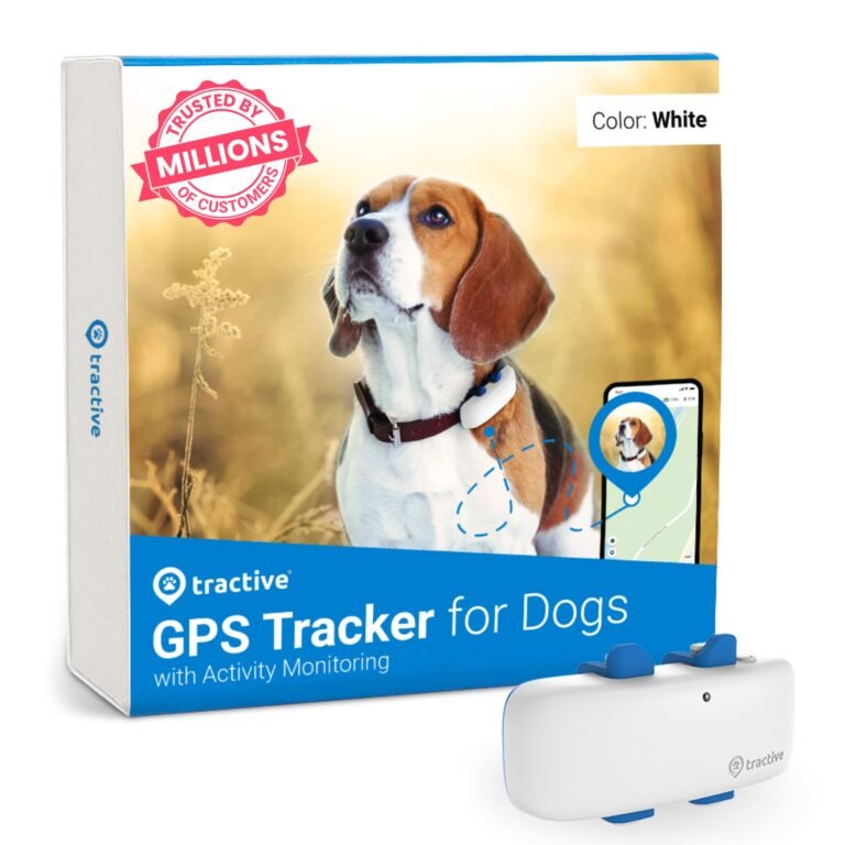 Tractive GPS dog tracker box with a beagle and a white tracker