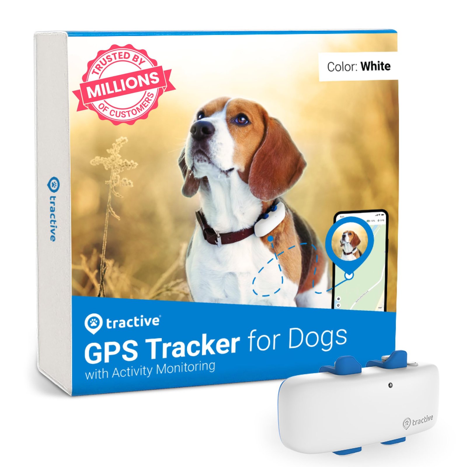 Tractive GPS dog tracker box with a beagle and a white tracker