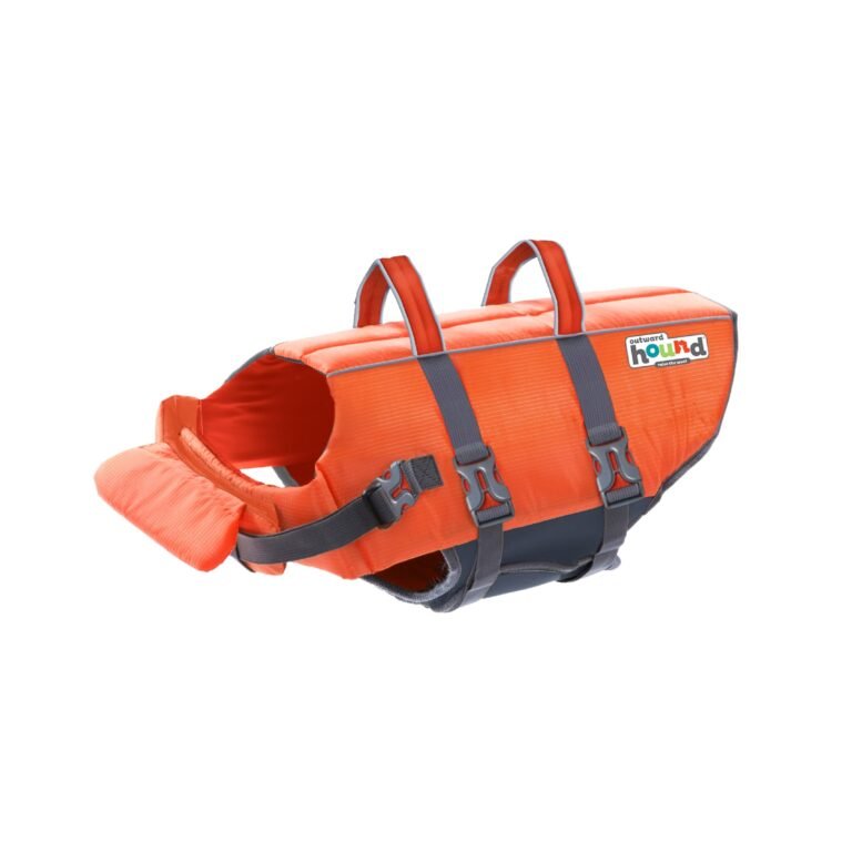 Orange dog life vest with gray straps and handles, isolated on white