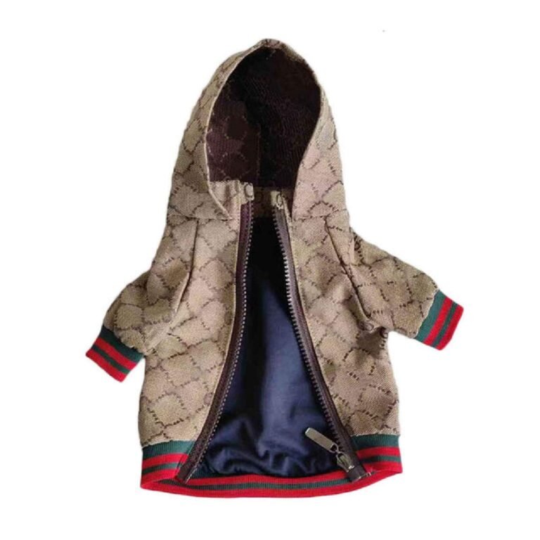 Dog hoodie with brown pattern, red and green stripes, and a zipper