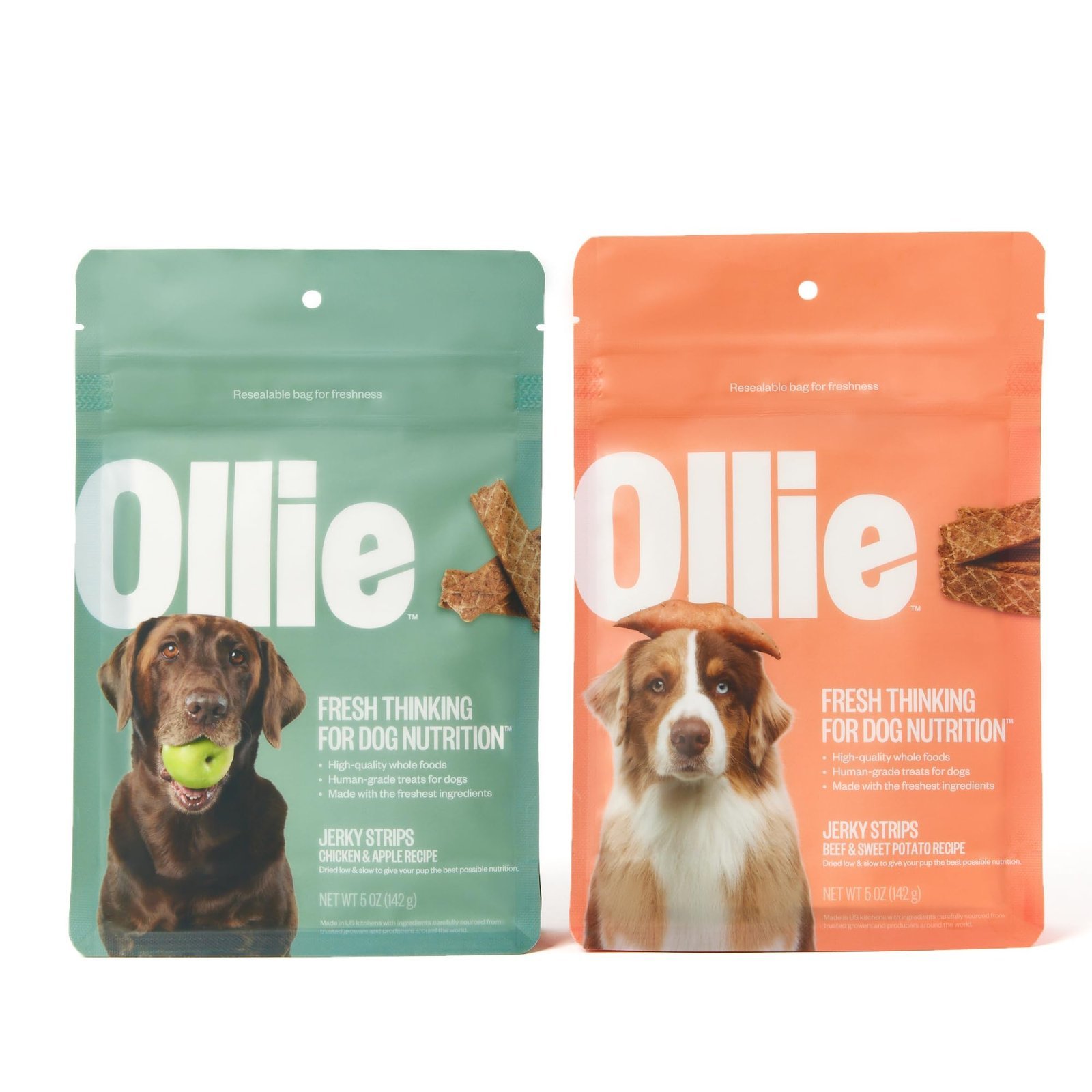 Two Ollie dog treat bags, green and orange, with dog photos and treats