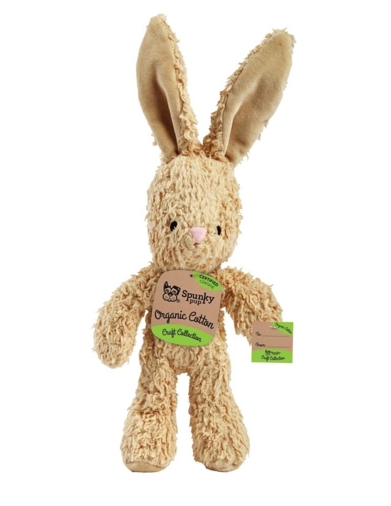 Stuffed bunny toy with long ears and a "Spunky Pup" organic cotton tag