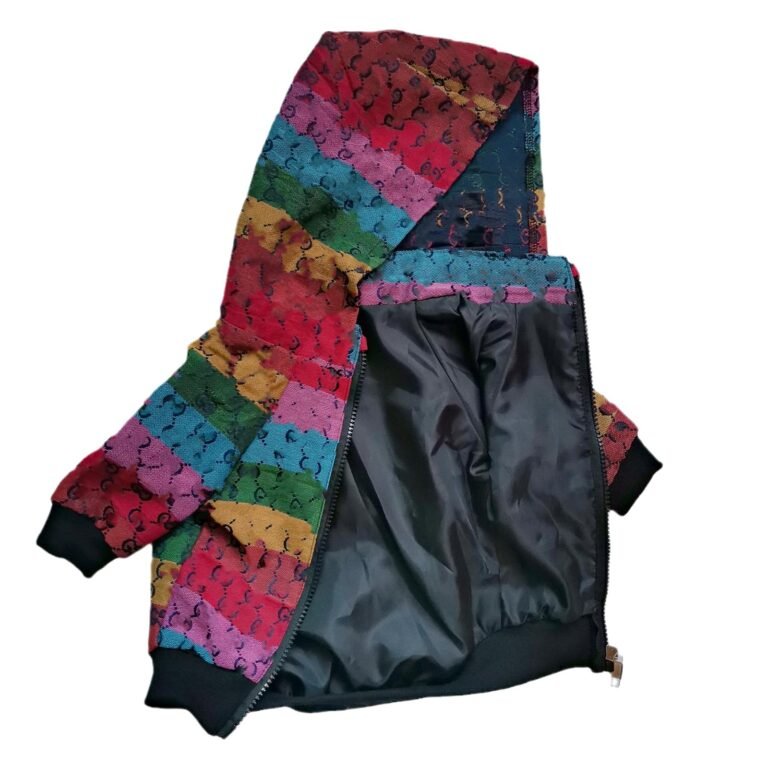 Rainbow-colored hooded jacket with black lining, open zipper, and black cuffs