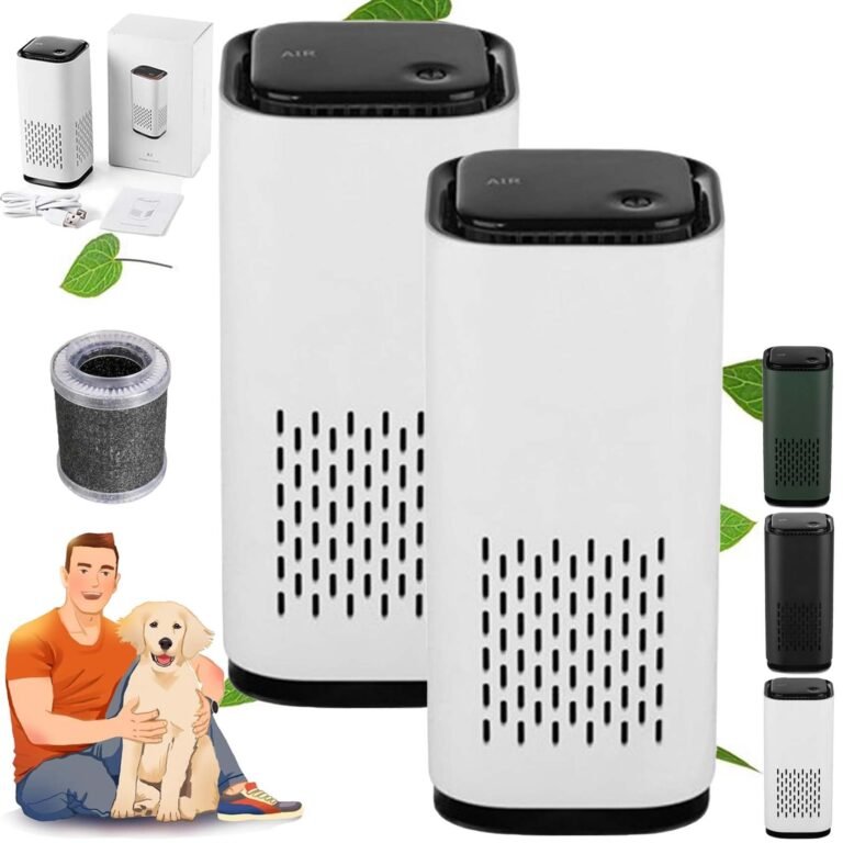 Air purifiers, filter, and a man with a dog, product display