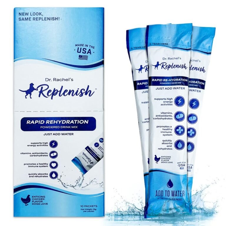 Box and packets of Dr. Rachel's Replenish rapid rehydration drink mix for dogs