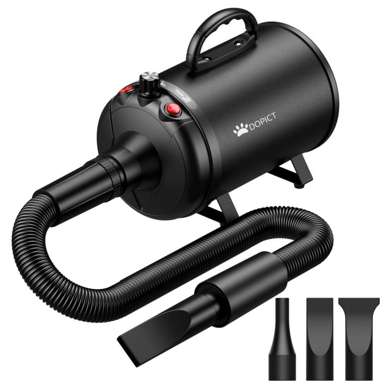 Black pet hair dryer with hose and three nozzle attachments