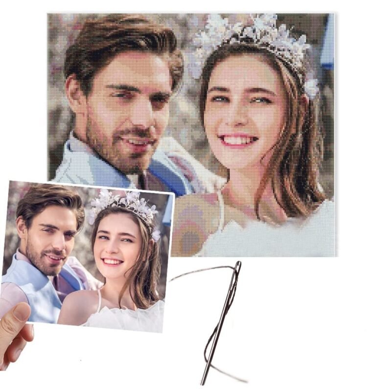 Diamond painting of a couple, photo, and needle with thread
