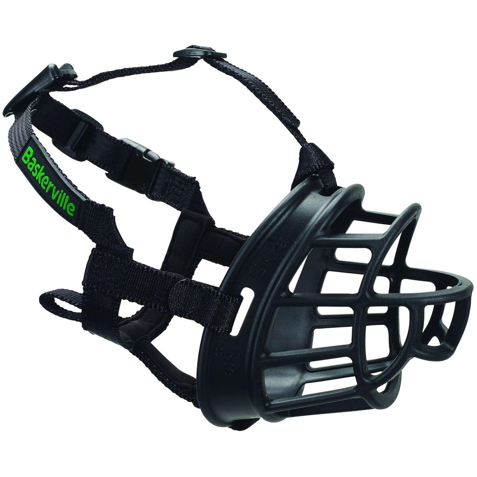 Black Baskerville dog muzzle with adjustable straps and buckle closures