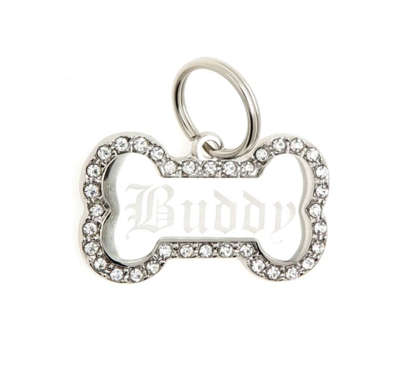 Silver dog tag in bone shape, "Buddy" in gothic font, with rhinestones