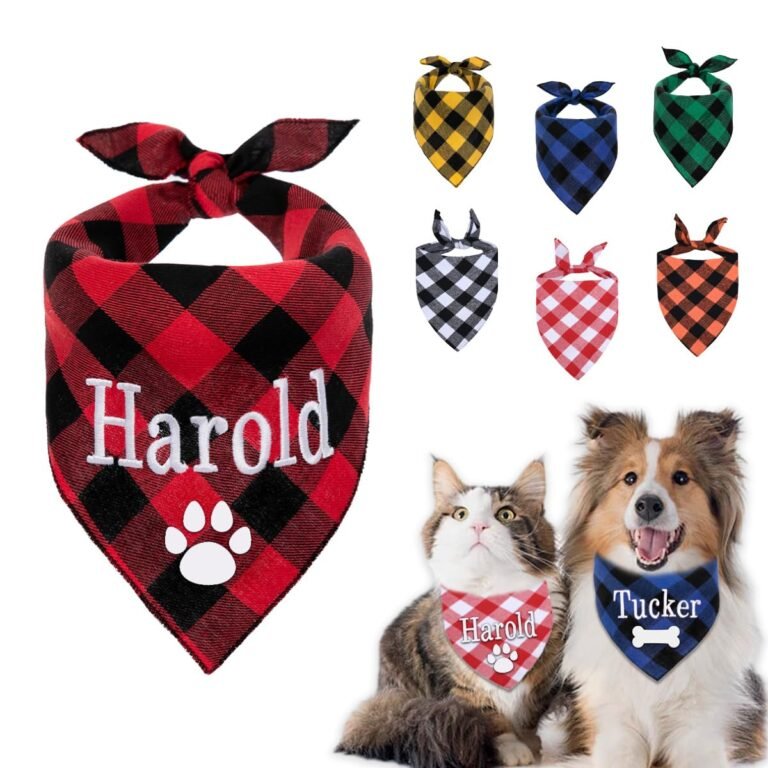 Pet bandanas with names and paw prints, cat and dog wearing them