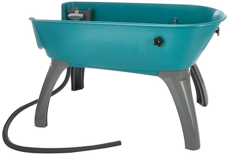 Teal dog bath tub with gray legs, hose, and paw print details