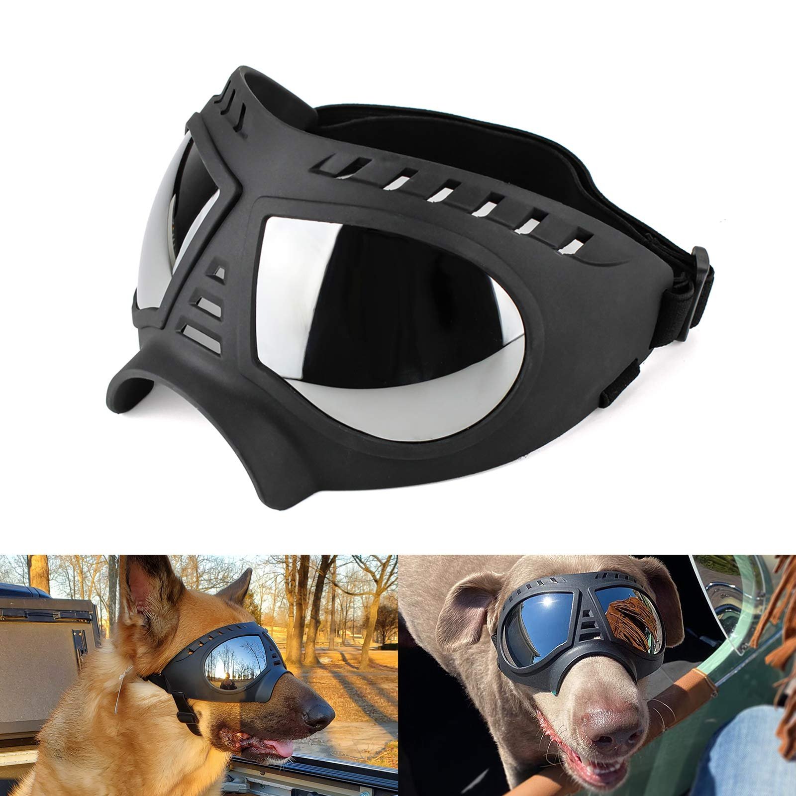 Black dog goggles with mirrored lenses, shown on dogs in different settings