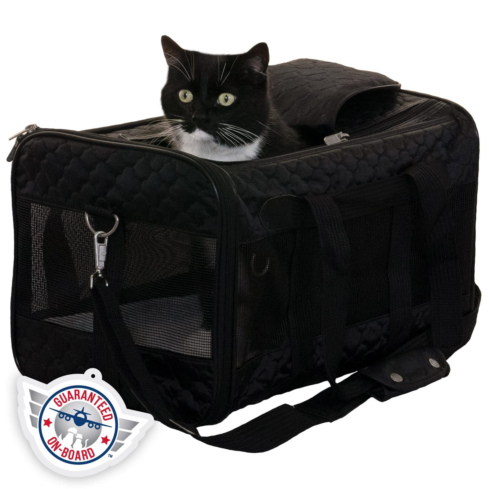 Black and white cat peeking out of a black quilted pet carrier