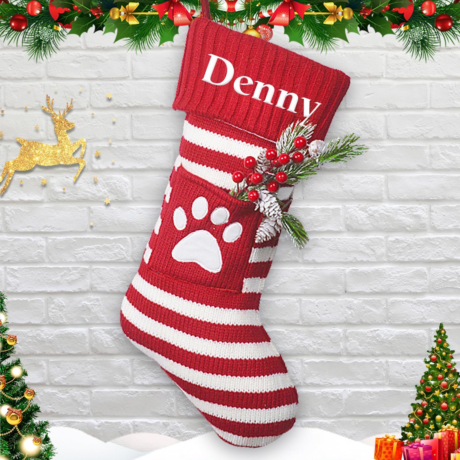 Red and white striped Christmas stocking with the name "Denny" and paw print