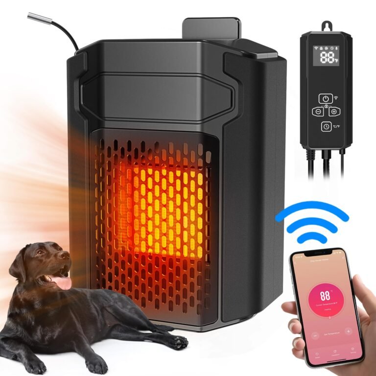 Black dog lying near a smart dog house heater with phone control