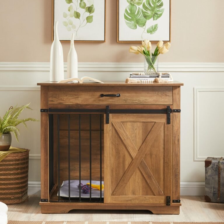 Wooden dog crate with sliding barn door, decor, and dog toys inside