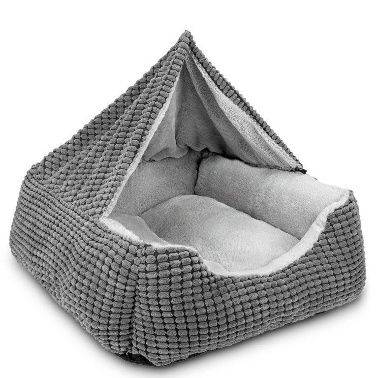Gray hooded pet bed with textured exterior and soft interior