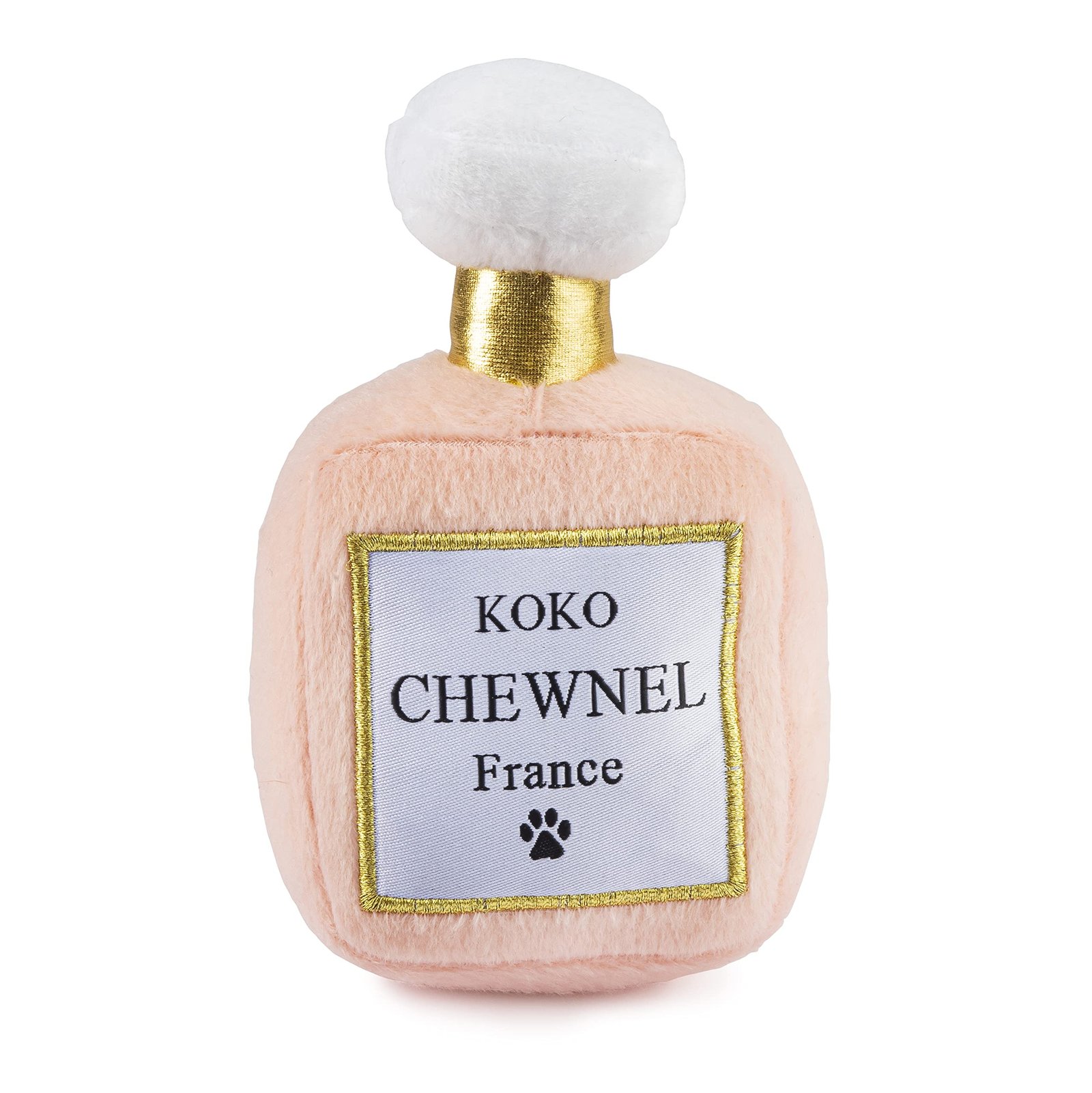 Pink plush dog toy shaped like a perfume bottle with "Koko Chewnel" label