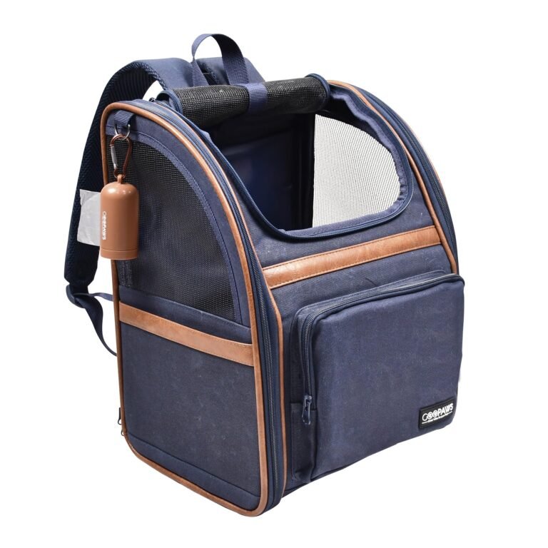 Blue pet carrier backpack with brown trim and mesh windows