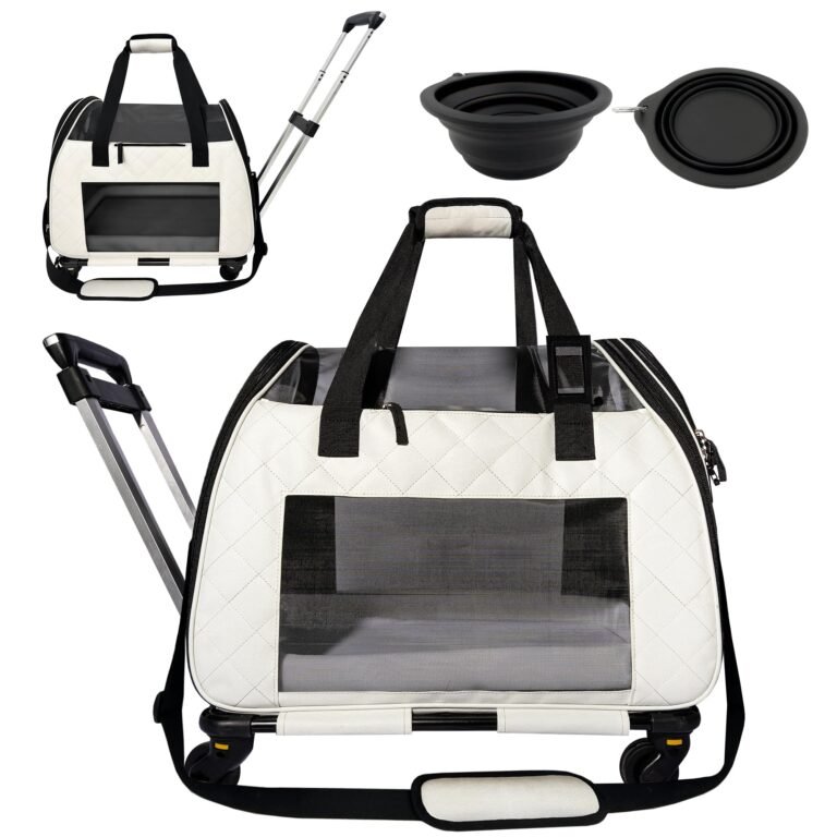 White and black pet carrier with wheels, collapsible bowls, and handle